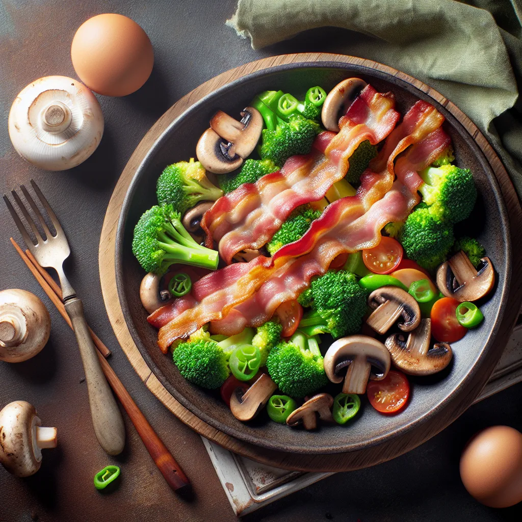Sauté de bacon, brocolis et champignons